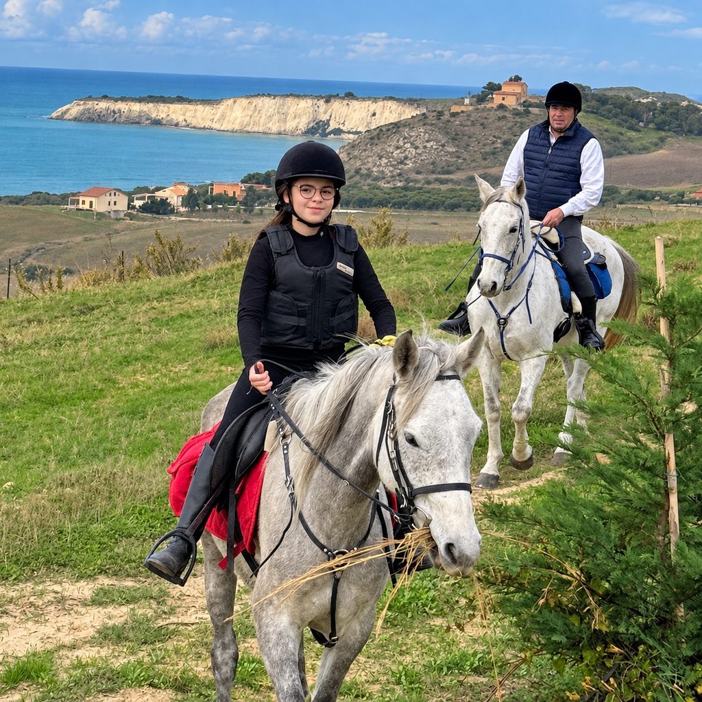 Un’amazzone con il casco, in passeggiata sulla collina affacciata sul mare