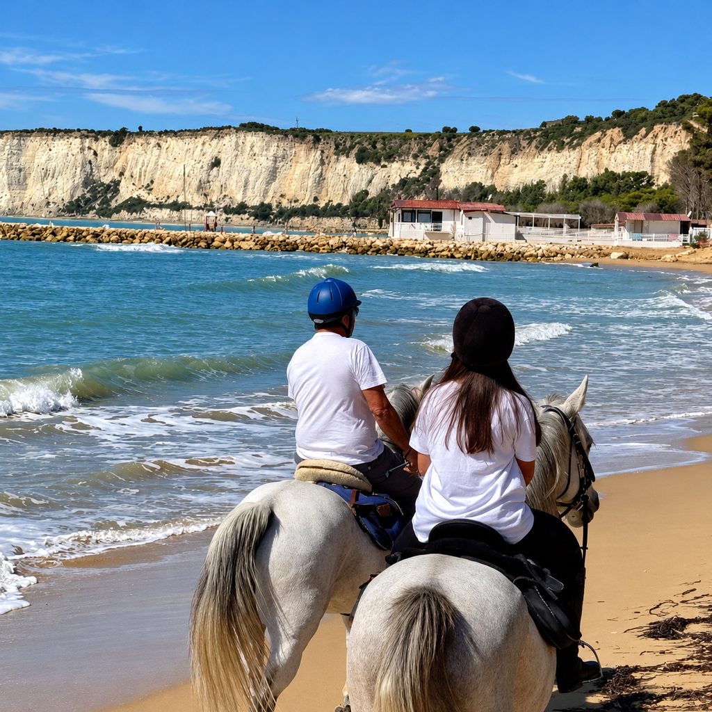 Due cavalieri sulla spiaggia sotto la scogliera bianca