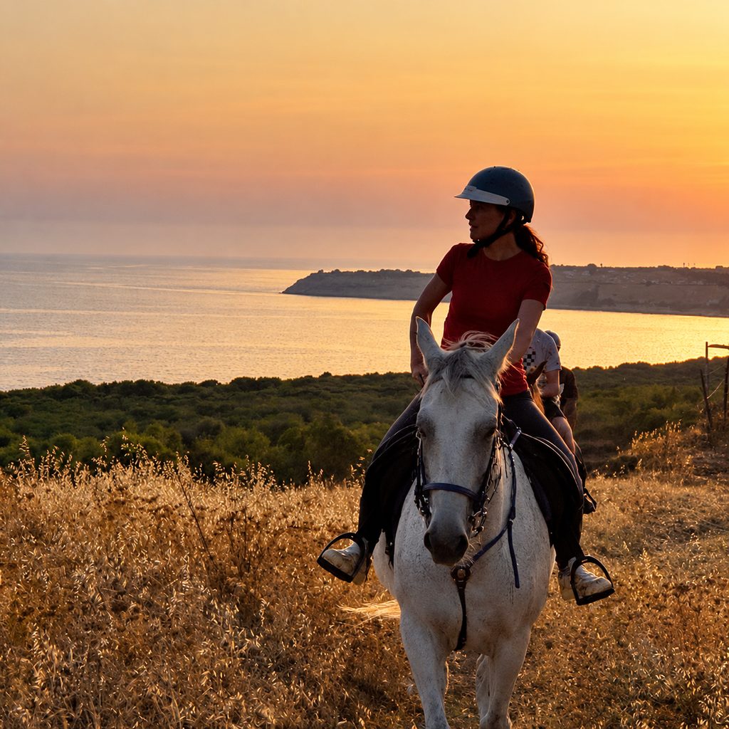 Cavalieri sulla collina al tramonto